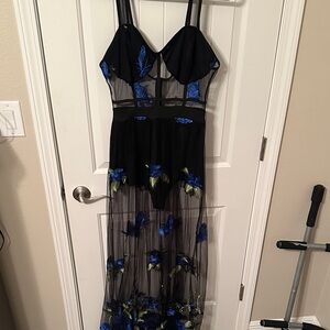 Chic Black and Blue Embroidered Prom Dress